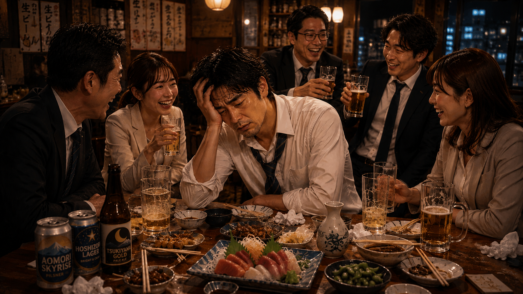飲み会で少しだけのつもりが飲みすぎ、つらそうにする男性