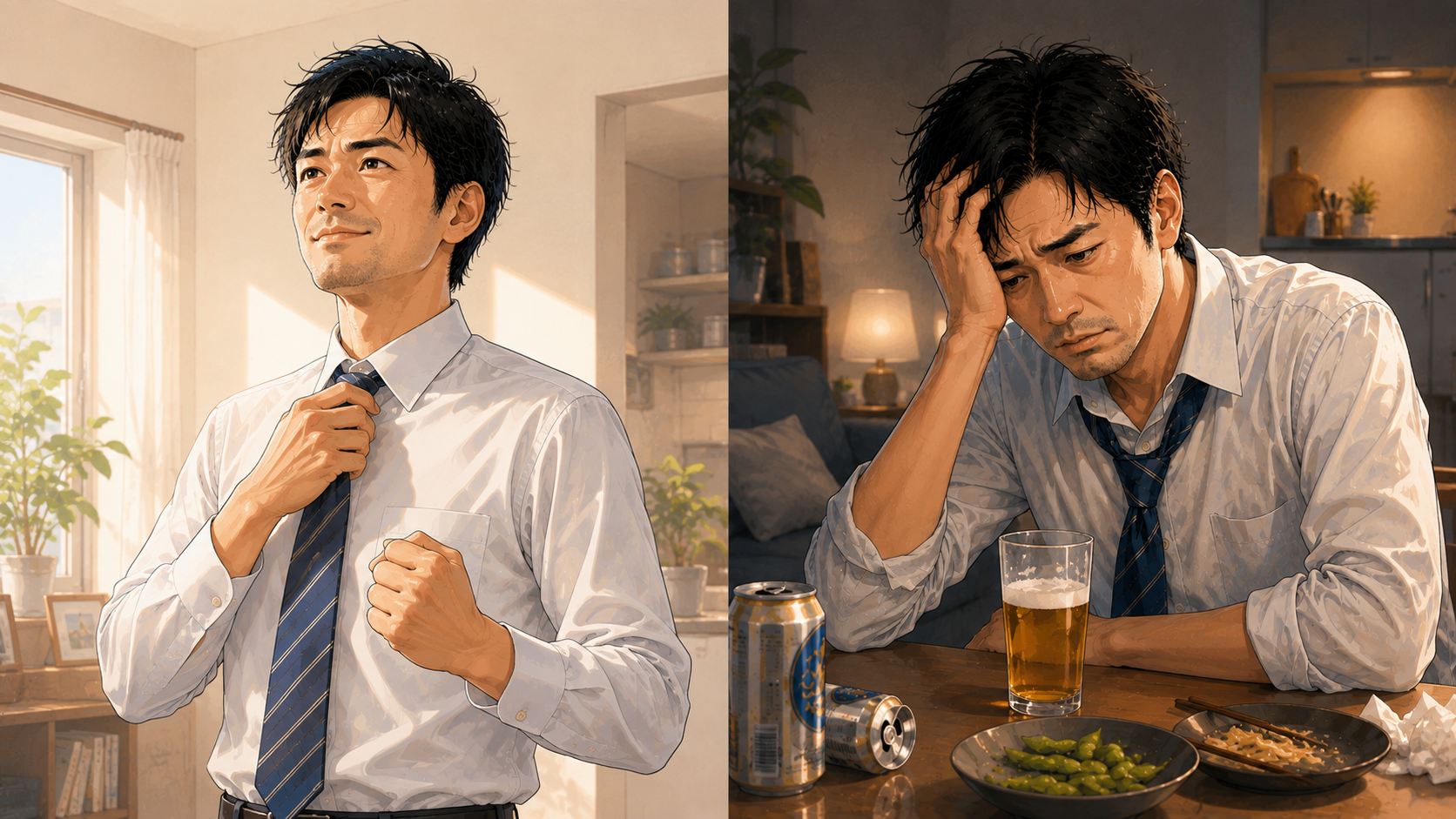 朝は禁酒を決意する一方、夜には飲んで後悔する男性を対比した場面