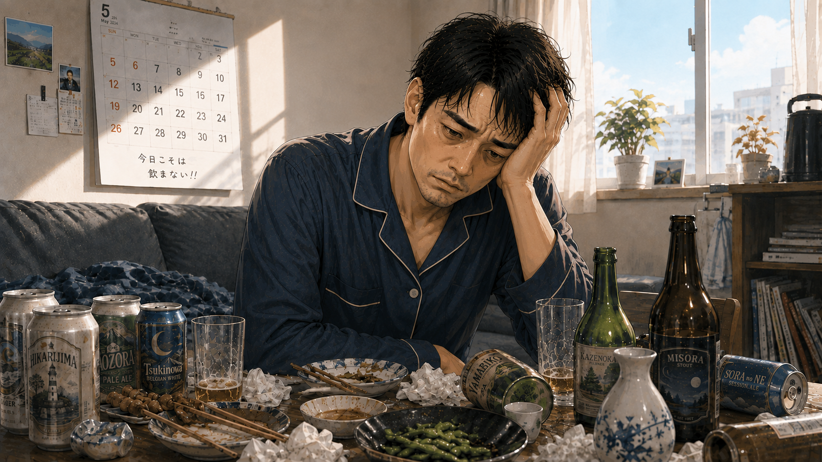 翌朝、空き缶や瓶を前に飲酒を後悔する男性