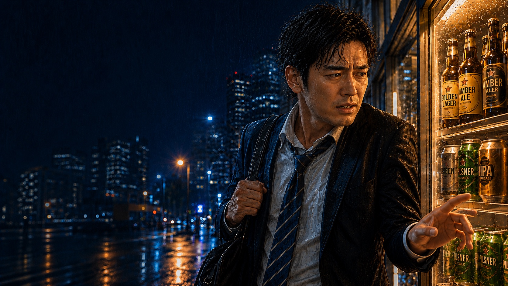 雨の仕事帰り、店頭のお酒へ手が伸びそうになりながら苦悩する男性