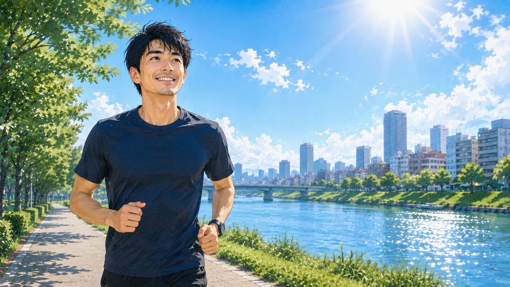 晴れた川沿いを笑顔でジョギングし、充実した生活を送る男性
