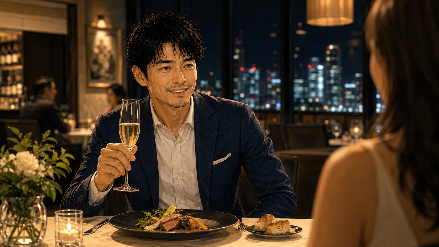 レストランで大切な人との食事を楽しむ男性