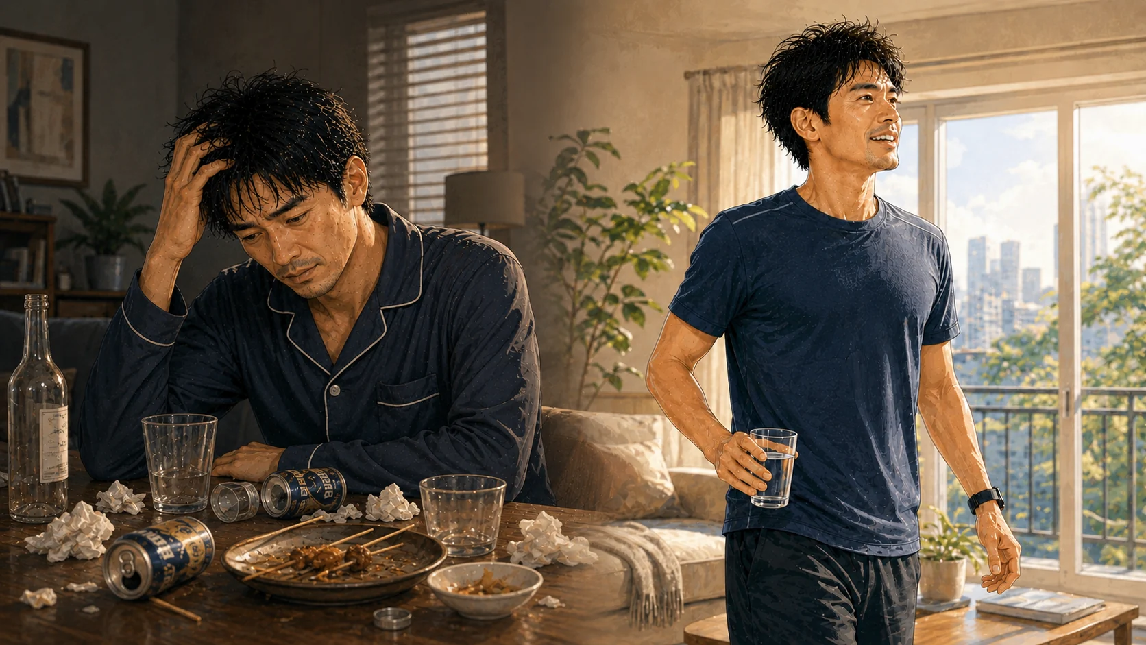 飲酒した翌朝に後悔する姿と、水を飲んで気持ちを切り替える姿を対比した男性